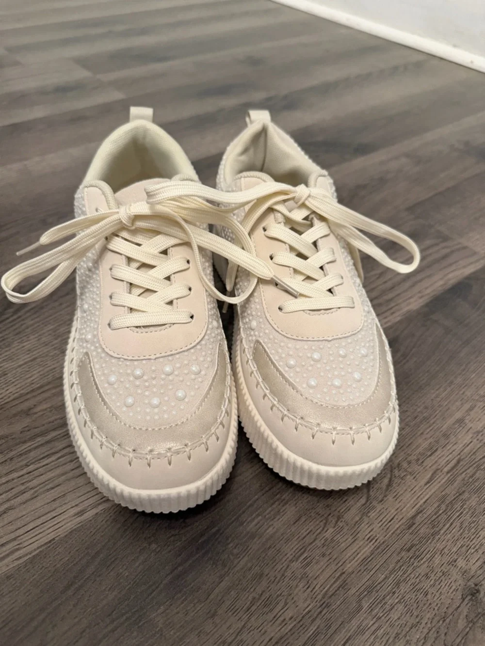 Nicole Miller Cream Beaded Platform Sneakers